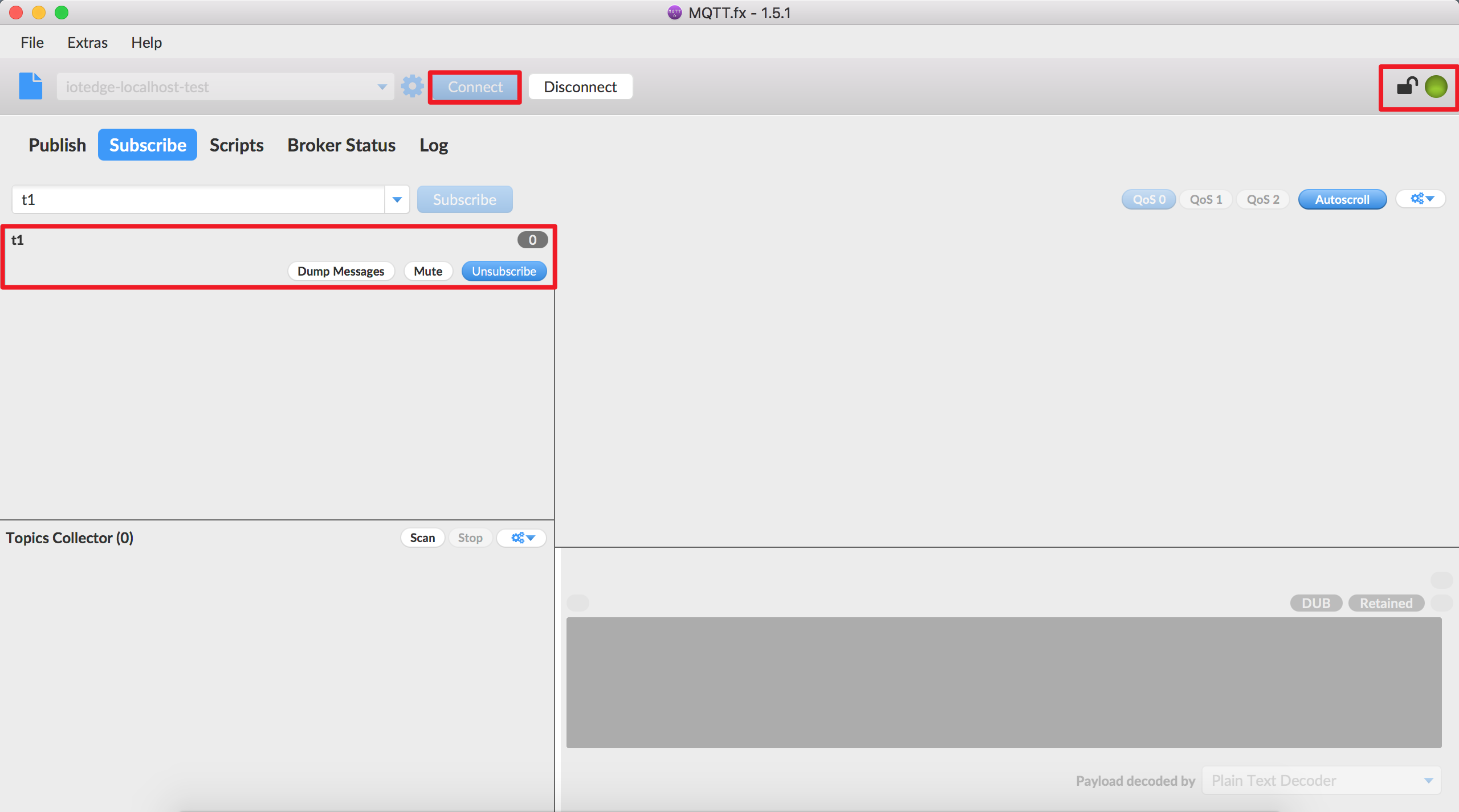 MQTT.fx成功订阅主题t1